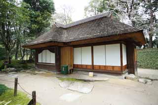 Foto, materiell, befreit, Landschaft, Bild, hat Foto auf Lager,Koraku-en-Garten Kankitei, Stroh-gedecktes mit Stroh Dach, shoji, Japanisch-Stilzimmer, Traditionsarchitektur