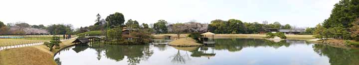 Foto, materiell, befreit, Landschaft, Bild, hat Foto auf Lager,Der Teich des Koraku-en Garden-Sumpfes, das Ausruhen von Htte, Burg, Kirschenbaum, Japanisch grtnert