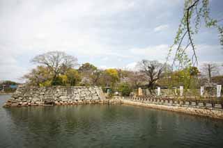 Foto, materiell, befreit, Landschaft, Bild, hat Foto auf Lager,Okayama-jo Burg Uchibori, Burg, Ishigaki, Wassergraben, Krhen Sie Burg