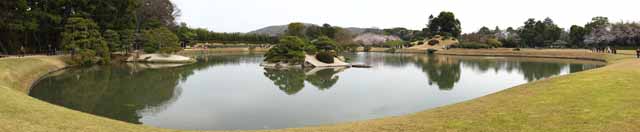 Foto, materieel, vrij, landschap, schilderstuk, bevoorraden foto,De waterplas van de Koraku-en Tuin stromen, Rustende kraam, Grasveld, Waterplas, Japanse tuin