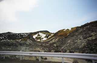 Foto, materiell, befreit, Landschaft, Bild, hat Foto auf Lager,Kusatsu Mt. Shirane-Hlle Tal, Stein, blauer Himmel, hoher Berg, Wasserstoff sulfide